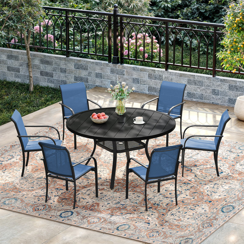 6-Person Outdoor Patio Dining Set With Stackable Chairs, Black/Dark Blue