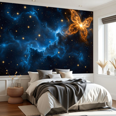 Papier peint adhésif autocollant bleu ciel étoilé noir étoiles modernes tailles variées Nébuleuses bleues Papier contact adhésif amovible pour salon Chambre H 69 po x l 96 po