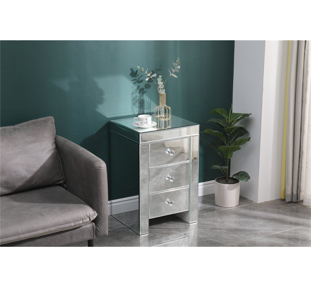 Canora Grey 3 Drawer Mirrored Bedside Table Silver Glass Finish Storage Cabinet