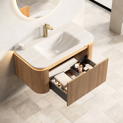 Meuble-lavabo 36 po, lavabo à bords arrondis flottants, tiroir rayé 3D naturel, bassin en pierre frittée à motif, capteur à DEL, glissières de tiroir à fermeture en douceur, installation facile, système de rangement généreux,