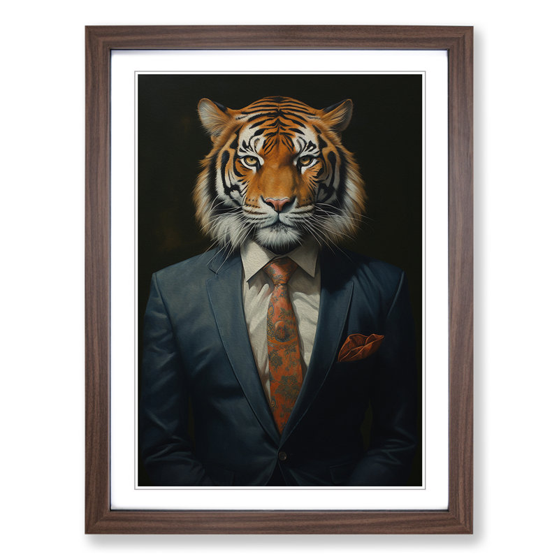Tiger In A Suit Painting - Single Picture Frame Print on Wood, Walnut, 64cm H x 46cm W x 2cm D