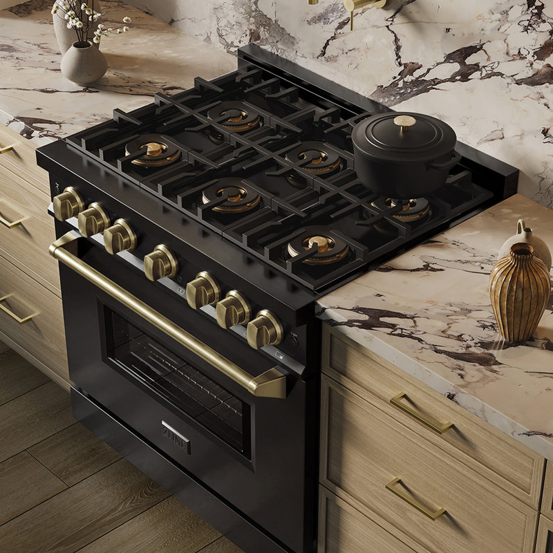 ZLINE Autograph 36 in. Classic Gas DuoPro Range in Satin Steel and Champagne Bronze Accents, Black Stainless Steel
