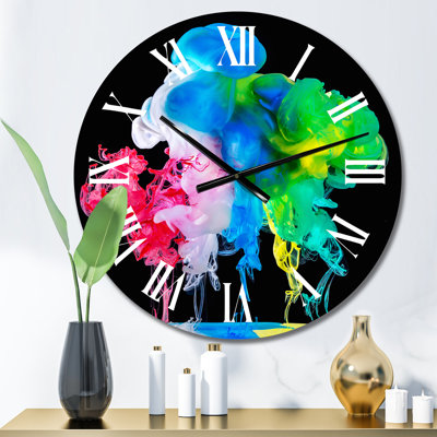 Rouge, bleu, vert, encre liquide, art sur fond noir - horloge murale moderne