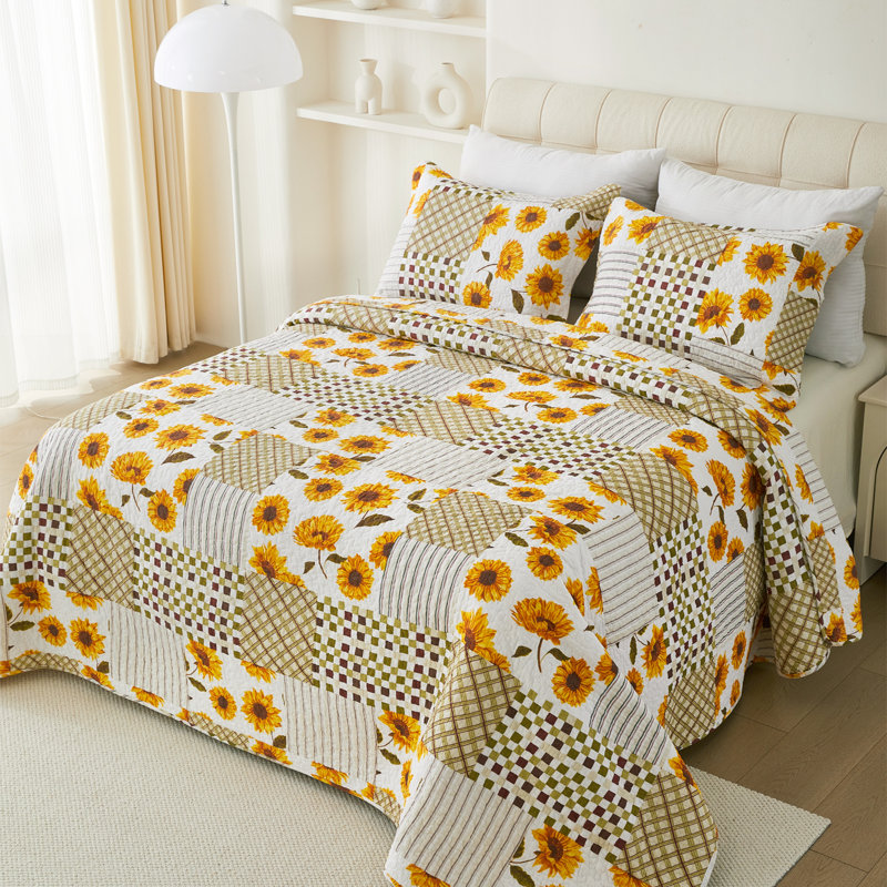 Ensemble de courtepointe réversible 100% coton jaune / vert, Courtepointe pour lit simple + 1 taie décorative