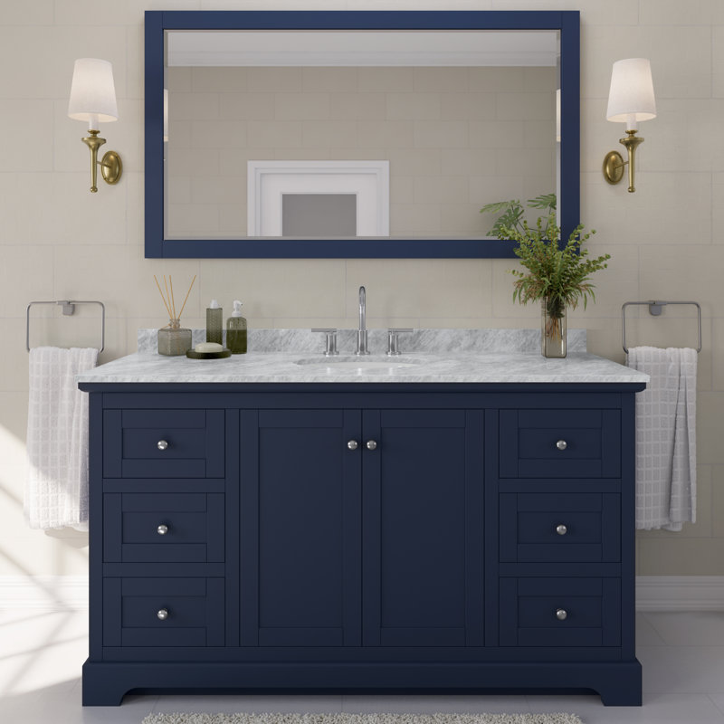 Avery 60'' Single Bathroom Vanity with Stone Top, White Cultured Marble, Dark Blue