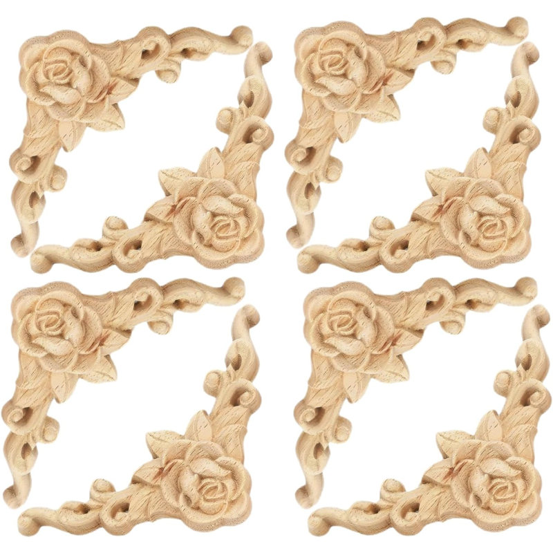 Appliques en bois sculptées, décalcomanies en coin rose 8 pièces, découpes de rosettes en bois non peintes