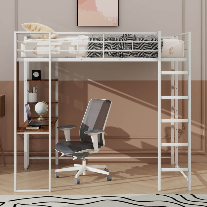 Lit mezzanine pour enfants avec 2 tablettes et 1 bureau Gatland, Double, Blanc / brun