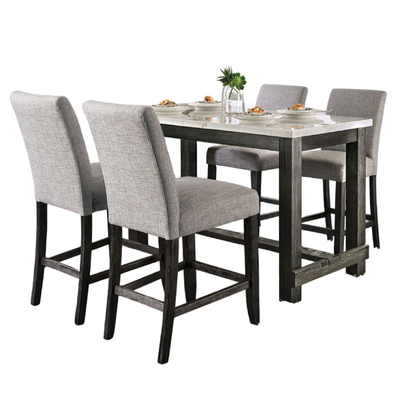 Ensemble de comptoir 5 pièces Bruce, plateau en marbre, base à tréteaux, 4 chaises, Noir antique / gris clair