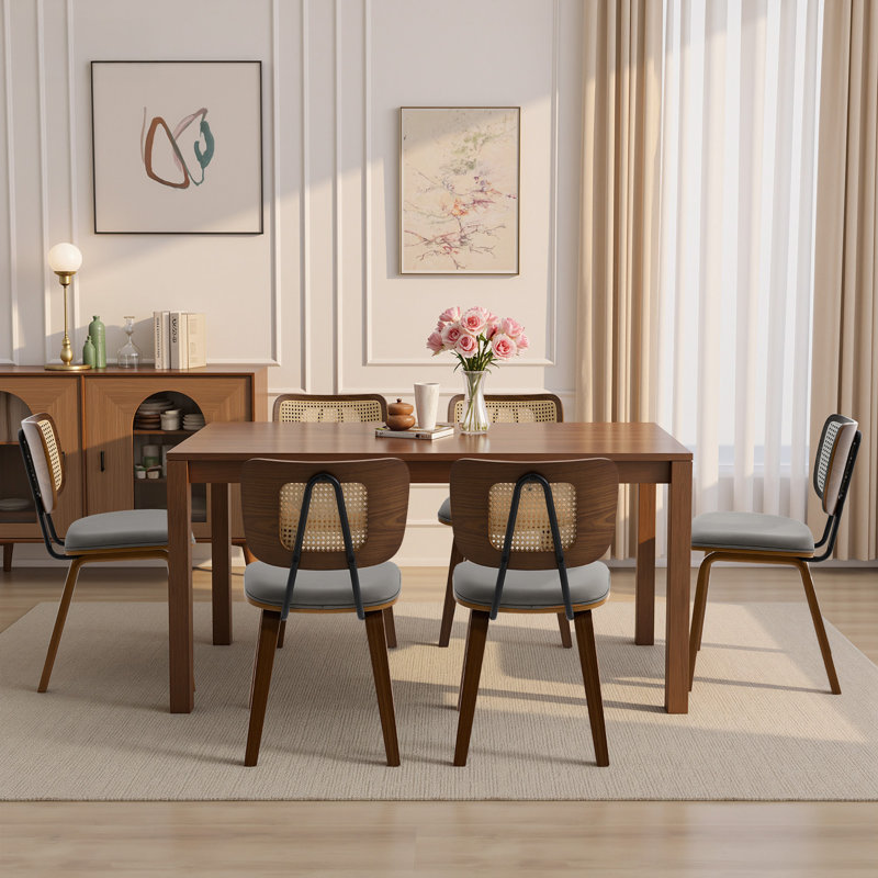 Faux Leather Upholstered Side Chair Dining Chair And Walnut Wood Finish, 6, Gray
