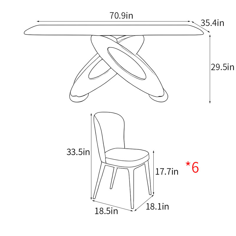 Ensemble de table à manger rectangulaire de style italien., H 29,5 po x L 70,9 po x l 35,4 po
