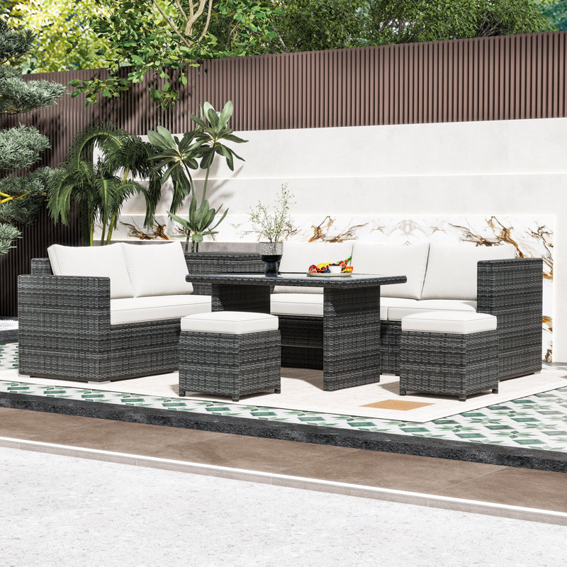 6-Piece PE Rattan Outdoor Sofa Set with Multi-Storage, Adjustable Seating and Tempered Glass Table, Dark Gray, Beige