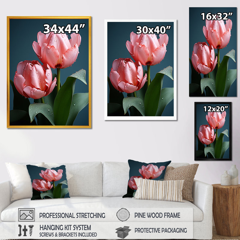 «Minimalims Pink Tulip Blooms», Cadre simple noir, H 44 po x l 34 po x P 1,5 po