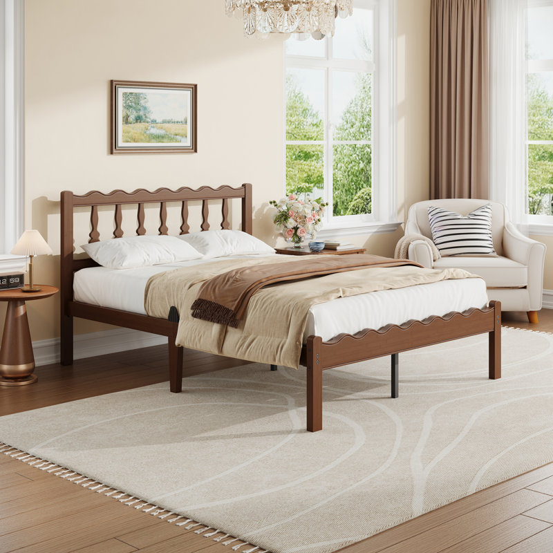 Walnut Finish Solid Wood Full Bed Frame With Wavy Headboard, No Box Spring Needed, Bamboo & Metal, Full