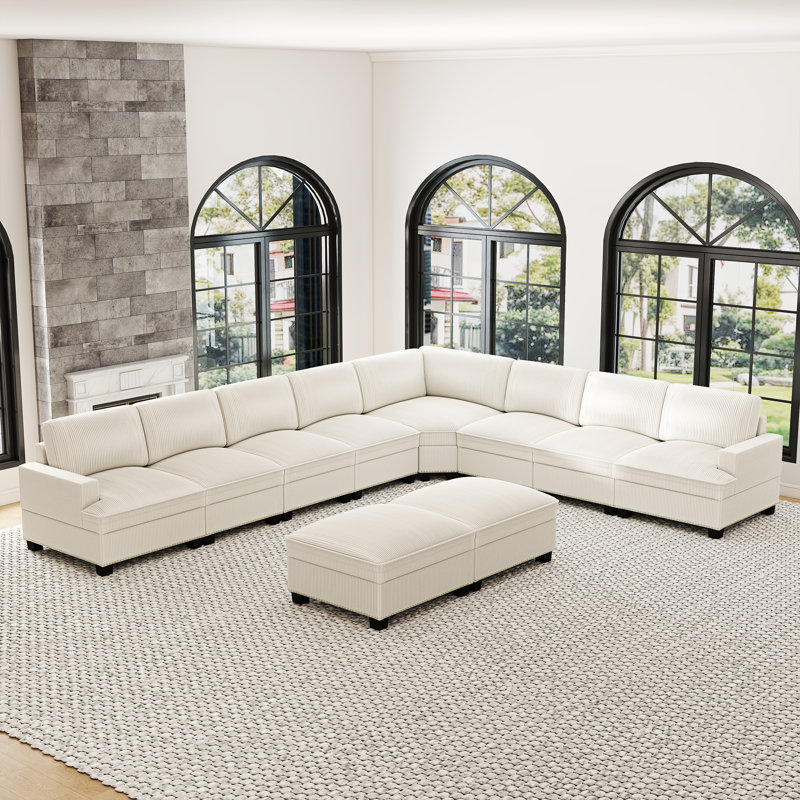 10-Piece Modern Spacious Corduroy Corner Sectional Sofa, Cloud Couch With Chaise & Nailhead Trim, Beige Corduroy