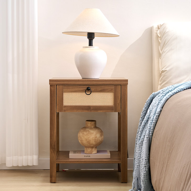 Rattan Nightstand With Drawer And Open Shelf, Boho Bedside Table, Cane Side Table For Bedroom & Living Room, Walnut, Walnut