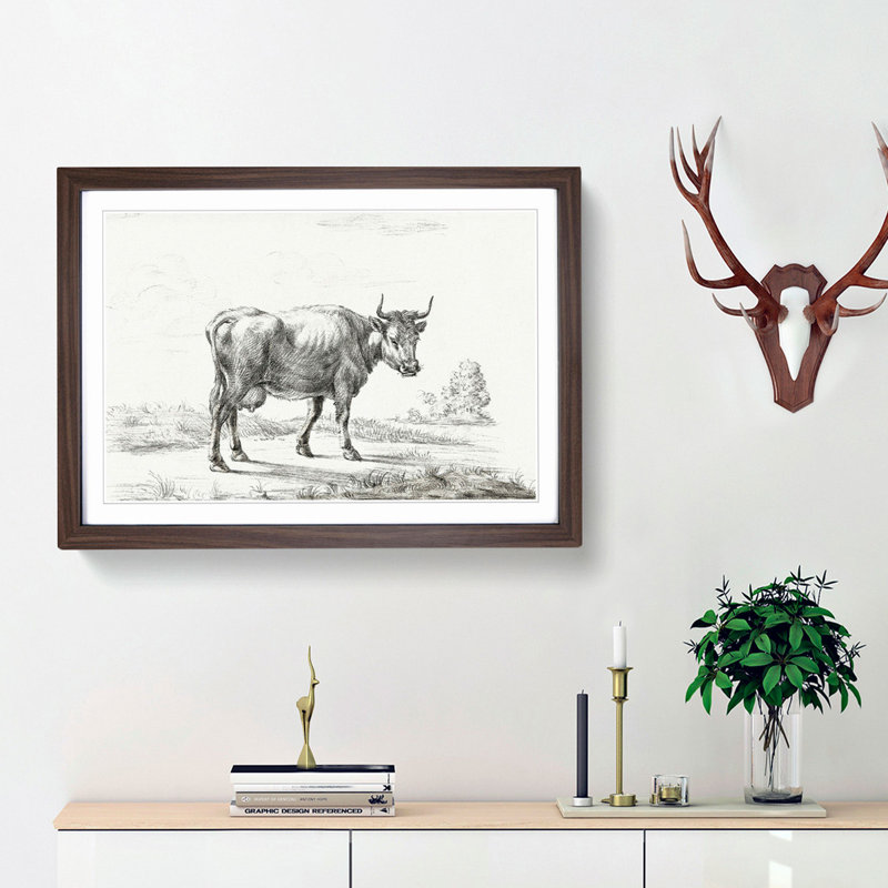 A Cow In The Meadow by Jean Bernard - Single Picture Frame Print, 45cm H x 63cm W x 2cm D, Walnut Framed