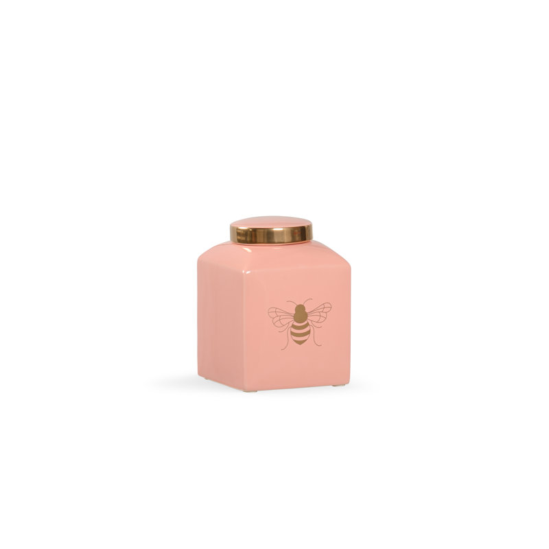Ceramic Jar, Coral/Gold, 9.5" H x 7" W x 7" D