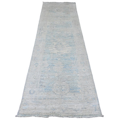 2'10"x9'7" Stone Blue, Afghan Angora Oushak with Leaf Design, Natural Dyes, Pure Wool, Hand Knotted, Runner, Oriental Rug