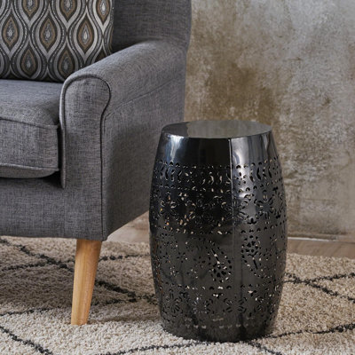 Modern Lace Cut Iron Accent Table With Barrel Structure And Durable Metal Frame