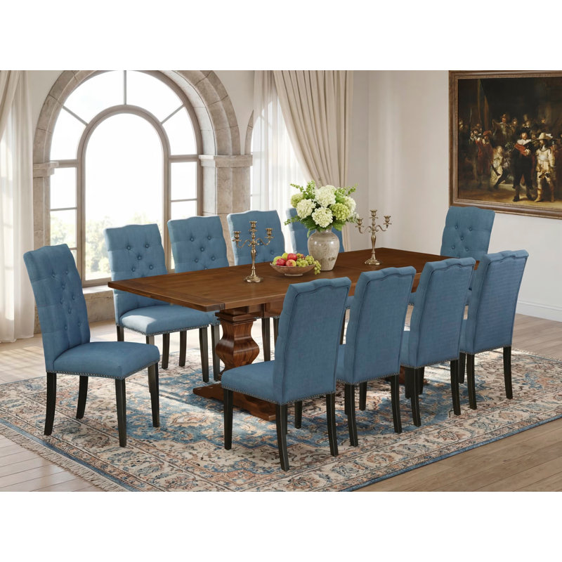 Ensemble de 11 pièces de coin-repas comprenant une table de salle à manger rectangulaire avec rallonge amovible et 10 chaises Parson rembourrées en lin bleu, noyer antique