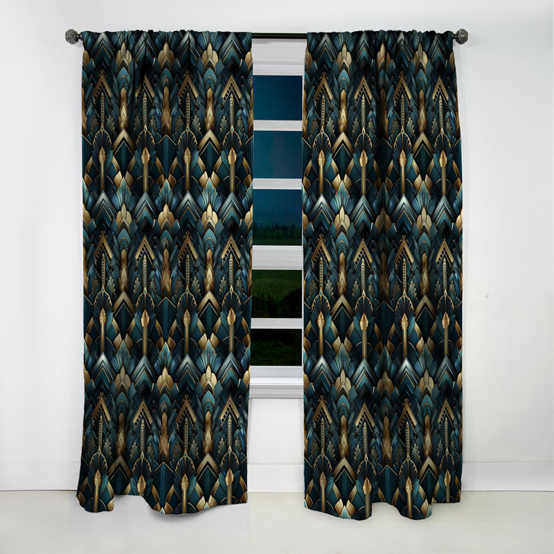 Teal And Gold Art Deco Geometric Glamour - Damask Curtain - Velvet Room Darkening - 1 Panel, 52" W x 84" L