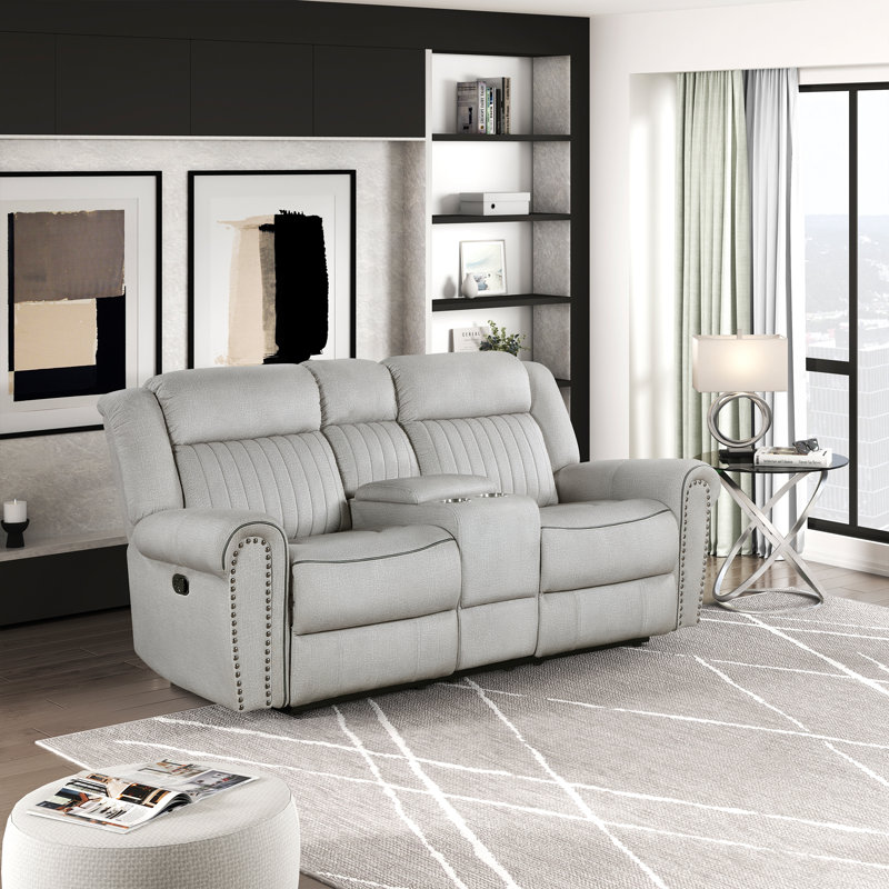 Cappella 75.5" Traditional Textured Microfiber Double Reclining Loveseat with Center Console, Cup Holders & Elegant Nailhead Trim, Available in Manual or Power Motion
