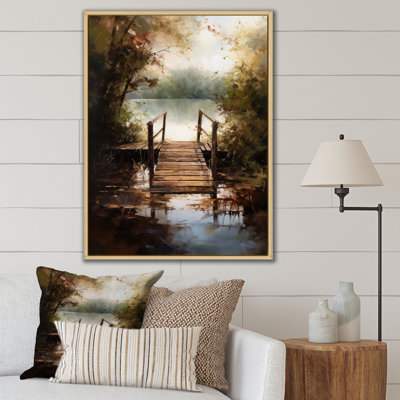 «Little Bridge Autumn Day at the Lake Watercolor», reproduction