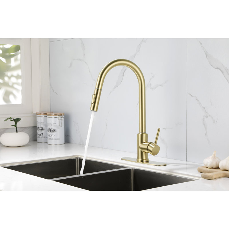 Pull Down Kitchen Faucet In Gold Stainless Steel - 360 Swiveling High Nozzle, Single Handle For Easy Adjustment Of Water Temperature And Flow, Corrosion Rust-, 15.67 In. Depth, 10.28 Width, 8.81