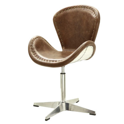 Annessia 25" Wide Top Grain Leather Swivel Side Chair in Brown