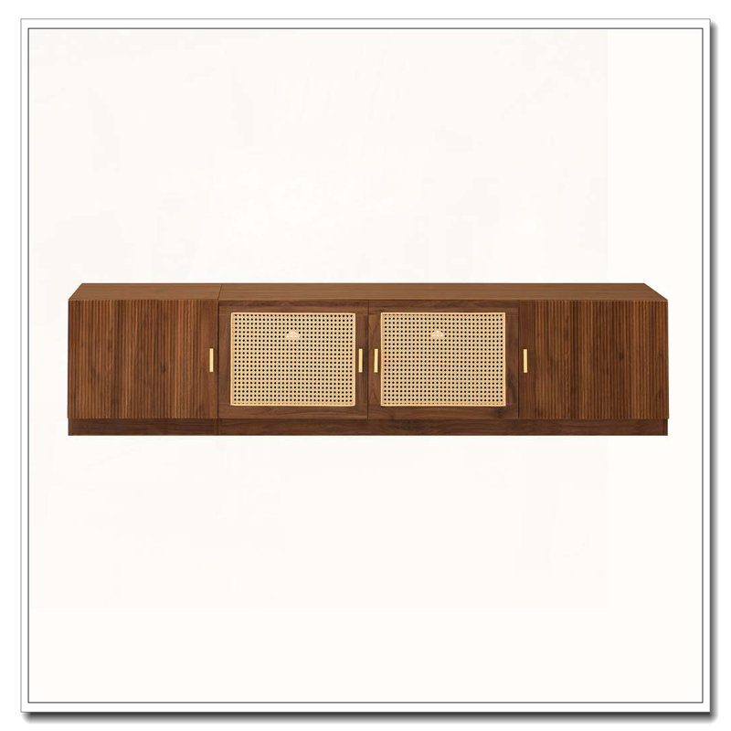 Meuble télé 78 po pour téléviseur de 85 po ou moins avec portes en rotin, meuble télé réglable pour chambre à coucher