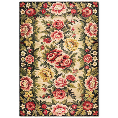 Eilette Black Floral Chenille Non-Slip Indoor/Outdoor Area Rug