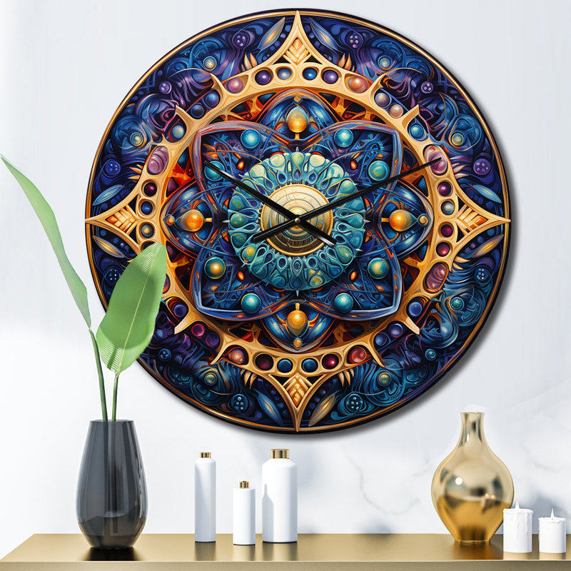 Horloge murale rétro en métal mandala floral doré, Moyenne