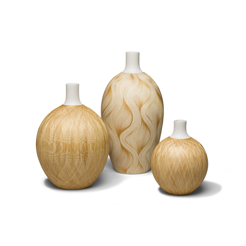 Handcrafted Table Vase, 8.7" H x 4.7" W x 4.7" D, Tan/White