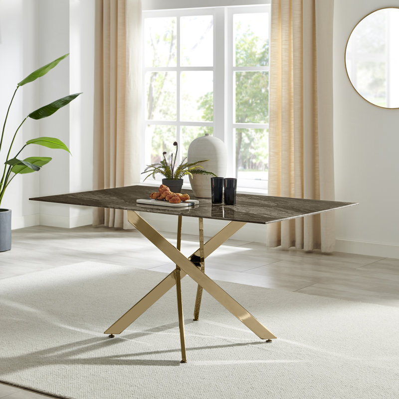 Chanden Luxury Marble Effect Glass 6 Seater Dining Table - Modern Statement Design, Gold, Gray