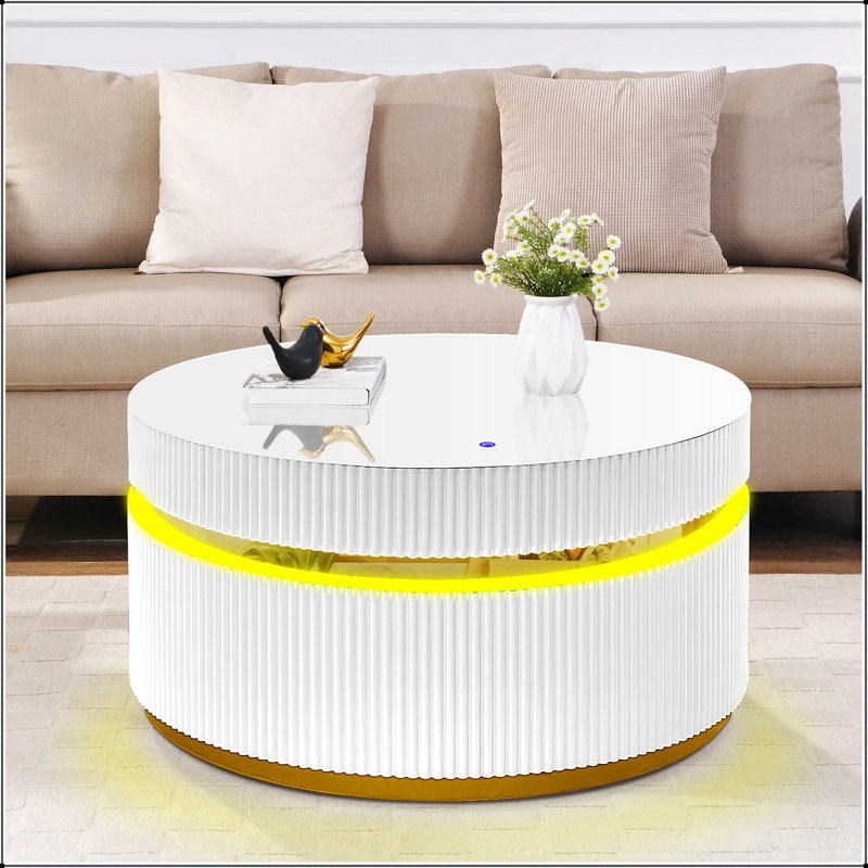 Table basse ronde blanche avec plateau en verre et lumières DEL, parfaite pour les salons modernes et élégants