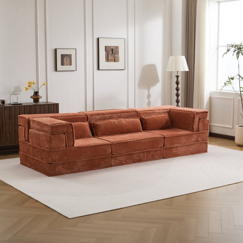 Compression Mahjong Sofa,Convertible Floor Sofa Bed,DIY Boneless Modular Sectional Sofa,No Assembly Required,Circle Fleece Fabric,Oversized 3 Seater With 3 Pillows,Orange