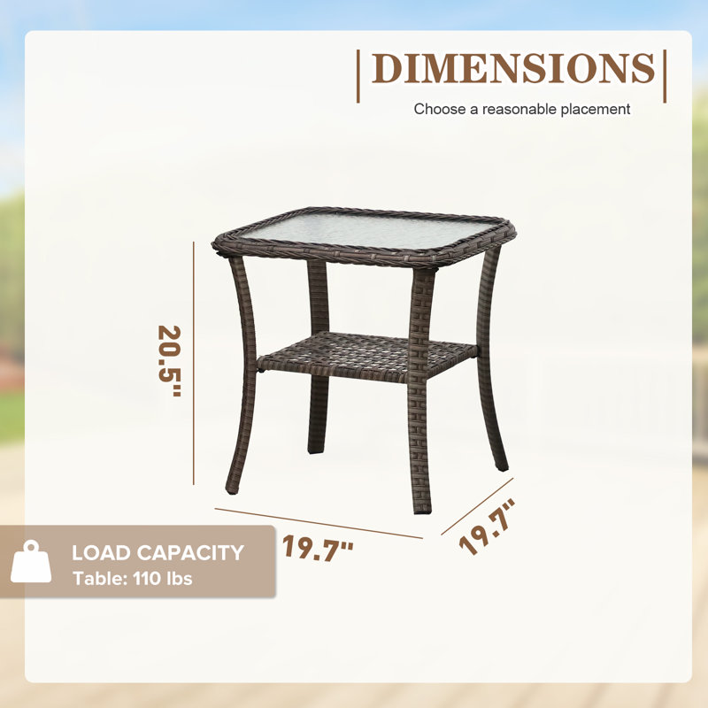 Wicker Rattan Side Table With Glass Top, Brown