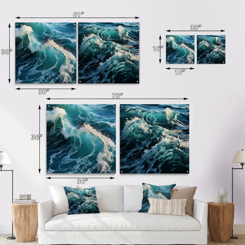Fauvisme «Blue Waves - Ocean», ensemble de 2 peintures murales en acrylique, H 16 po x l 33 po