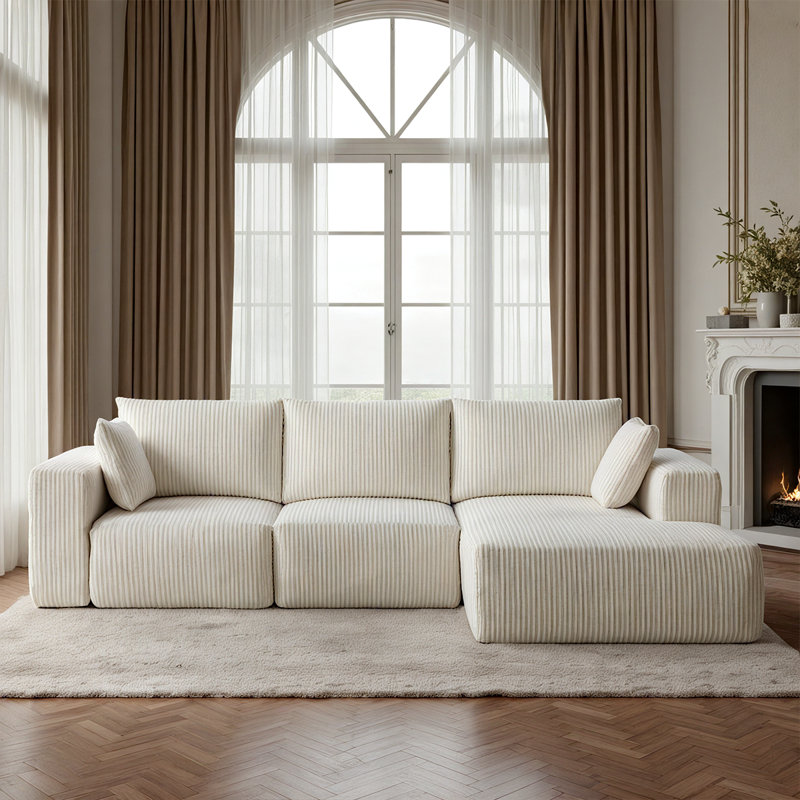 108 po Canapé modulaire surdimensionné sans canapé pour meubles de salon, White Corduroy, Right Hand Facing