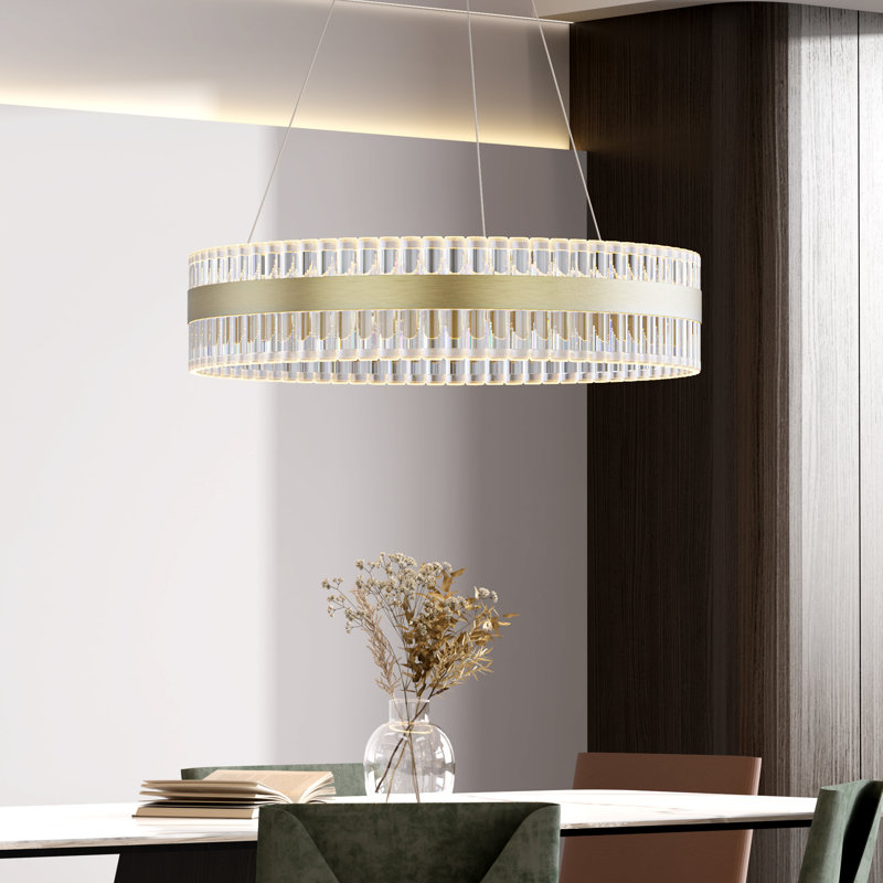 LED 24"W Brushed Gold Crystal Drum Shaded Modern Wagon Wheel Chandelier for Dining Room