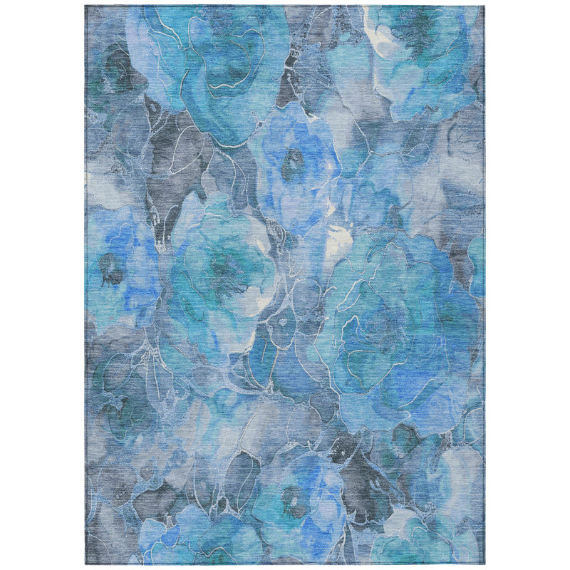 Tapis bleu intérieur / extérieur lavable à la machine Xhevrie, Rectangulaire 3 pi x 5 pi