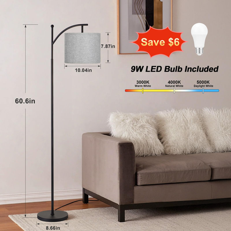 Lampes sur pied 60 "avec 3 températures de couleur pour le salon, Gris, Gris / Noir