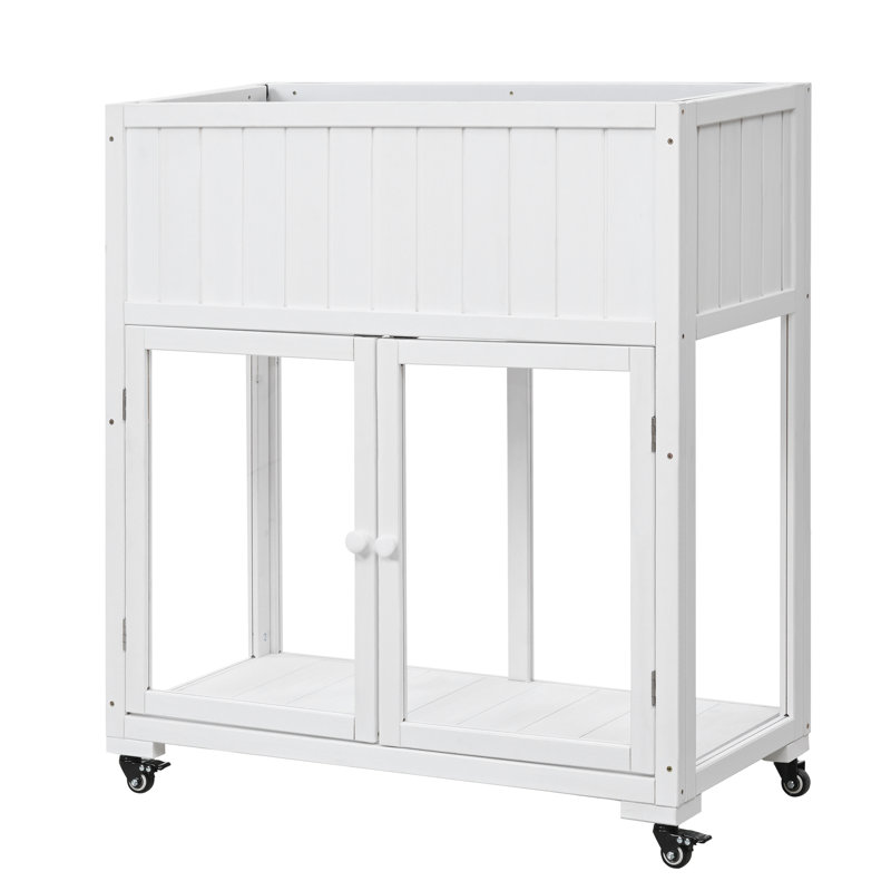 Darian Mini Fir Wood Planter with Wheels & Doors, White
