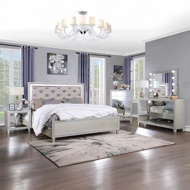 Commode 5 tiroirs Sliverfluff, finition miroir et champagne