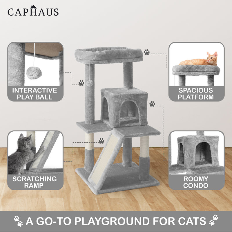Tour pour chats pour chats d'intérieur, petit arbre à chat de 37 pouces avec perchoir élargi pour les grands chats et les chatons, arbre d'activité pour chats à plusieurs niveaux avec poteaux à griffes et rampe, beige
