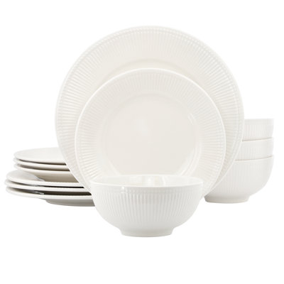 Elama Gianna 12 Piece Round Stoneware Dinnerware Set in White