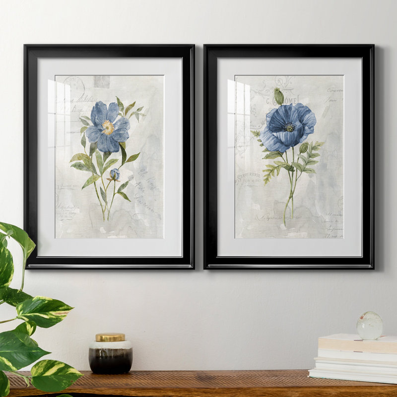 Blue Linen Peony - ensemble de 2 reproductions d'art, Papier encadré noir, Blanc, H 18,5 po x l 49 po x P 1,5 po