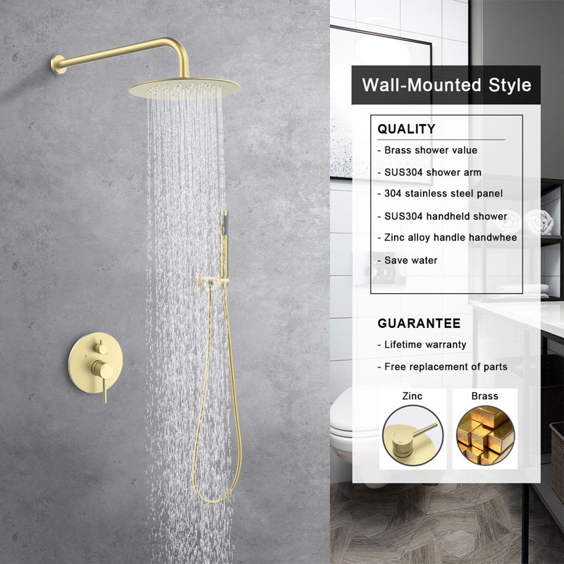 Wall Mounted Shower System Shower Faucet Combo with Rough-in Valve, Brushed Gold