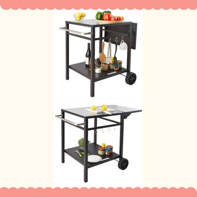 Outdoor Grill Dining Cart With Double-Shelf, BBQ Movable Food Prep Table, Multifunctional Foldable Iron Table Top, Portable Modular Carts For Pizza Oven, Worktable With 2 Wheels