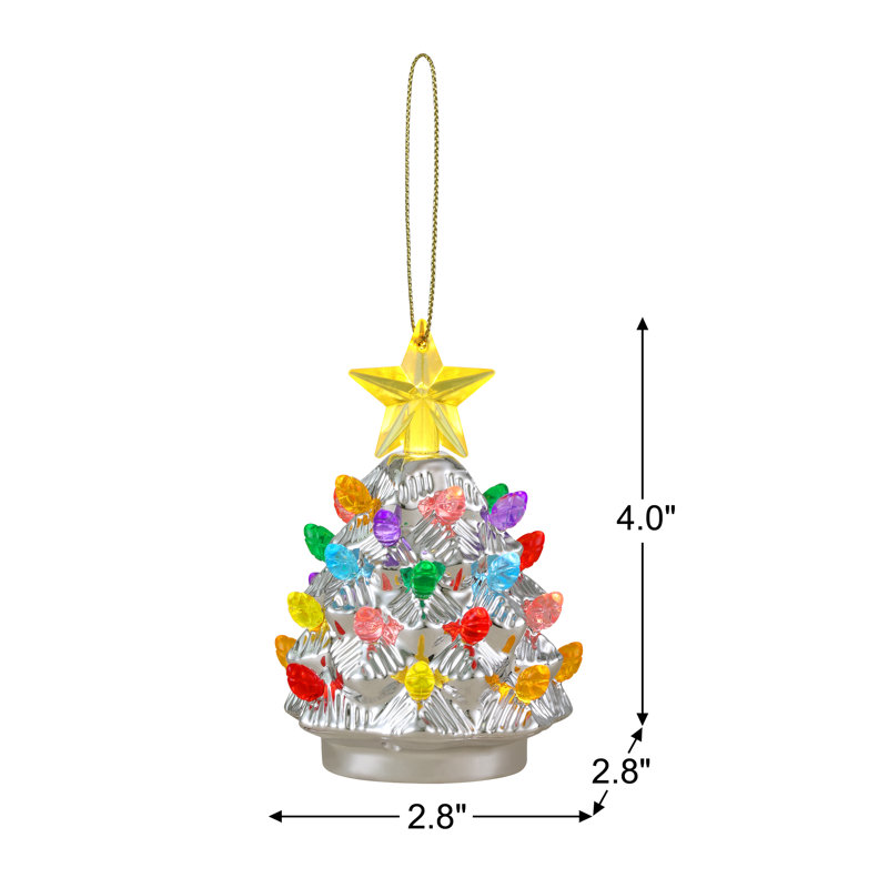 4" Silver Porcelain Christmas Tree Ornaments with LED Lights, Set of 3